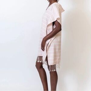 Zestt Organics organic cotton gray striped beach coverup, hooded, fringe trim OS